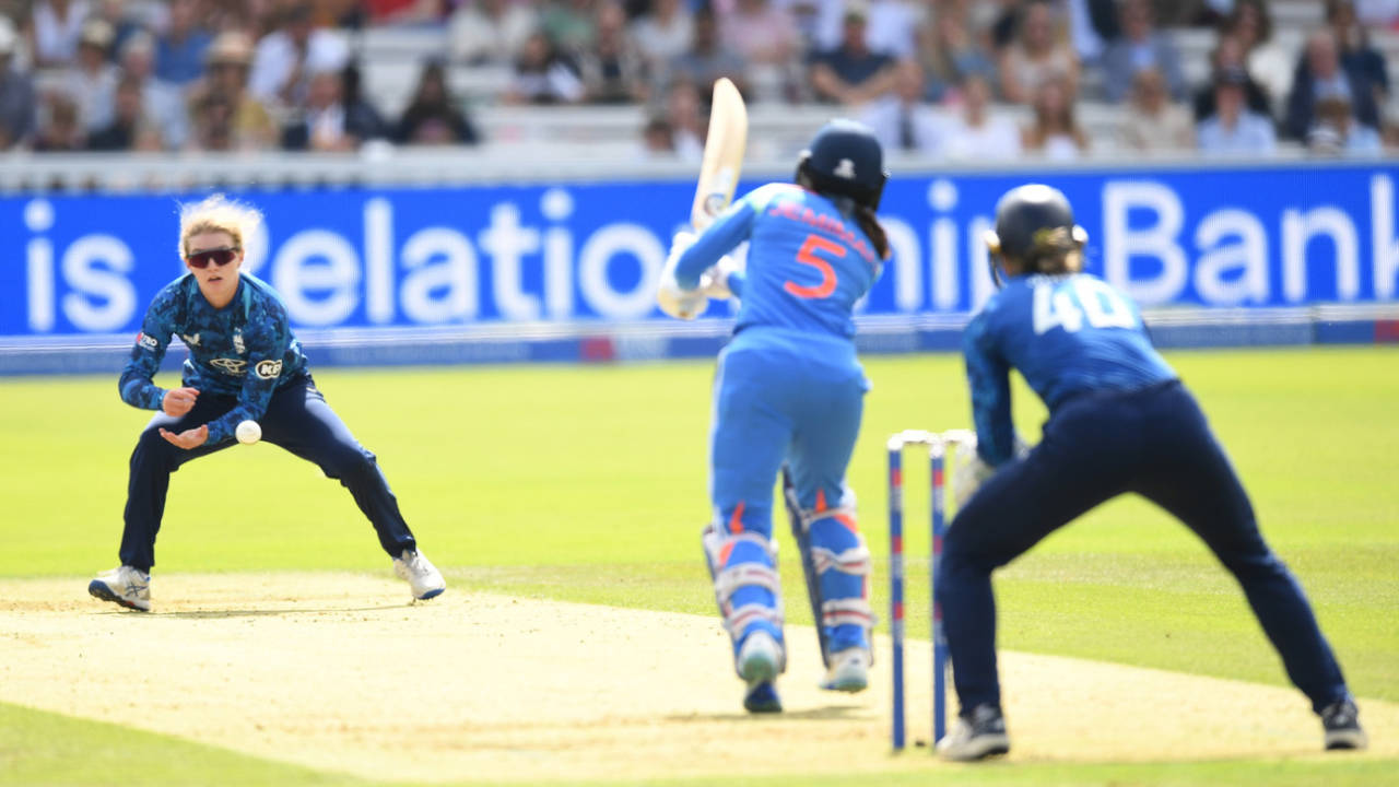 Charlie Dean fields off her own bowling, England vs India, 2nd women's ODI, Lord's, London, July 19, 2025