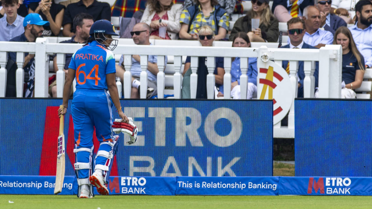 Pratika Rawal walks back after being dismissed, England vs India, 2nd women's ODI, Lord's, London, July 19, 2025