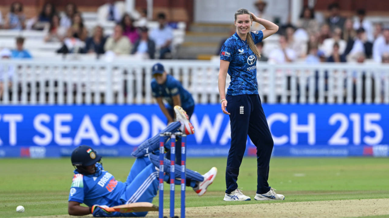 Lauren Bell reacts after hitting a batter, England vs India, 2nd women's ODI, Lord's, London, July 19, 2025