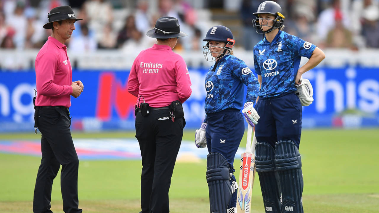 The umpires speak to Tammy Beaumont after reviewing for obstructing the field, England vs India, 2nd women's ODI, Lord's, London, July 19, 2025