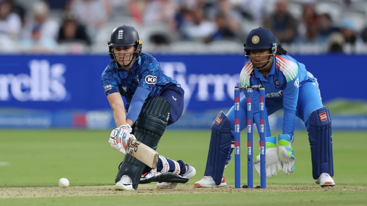 Nat Sciver-Brunt prepares to reverse-sweep, England vs India, 2nd women's ODI, Lord's, London, July 19, 2025