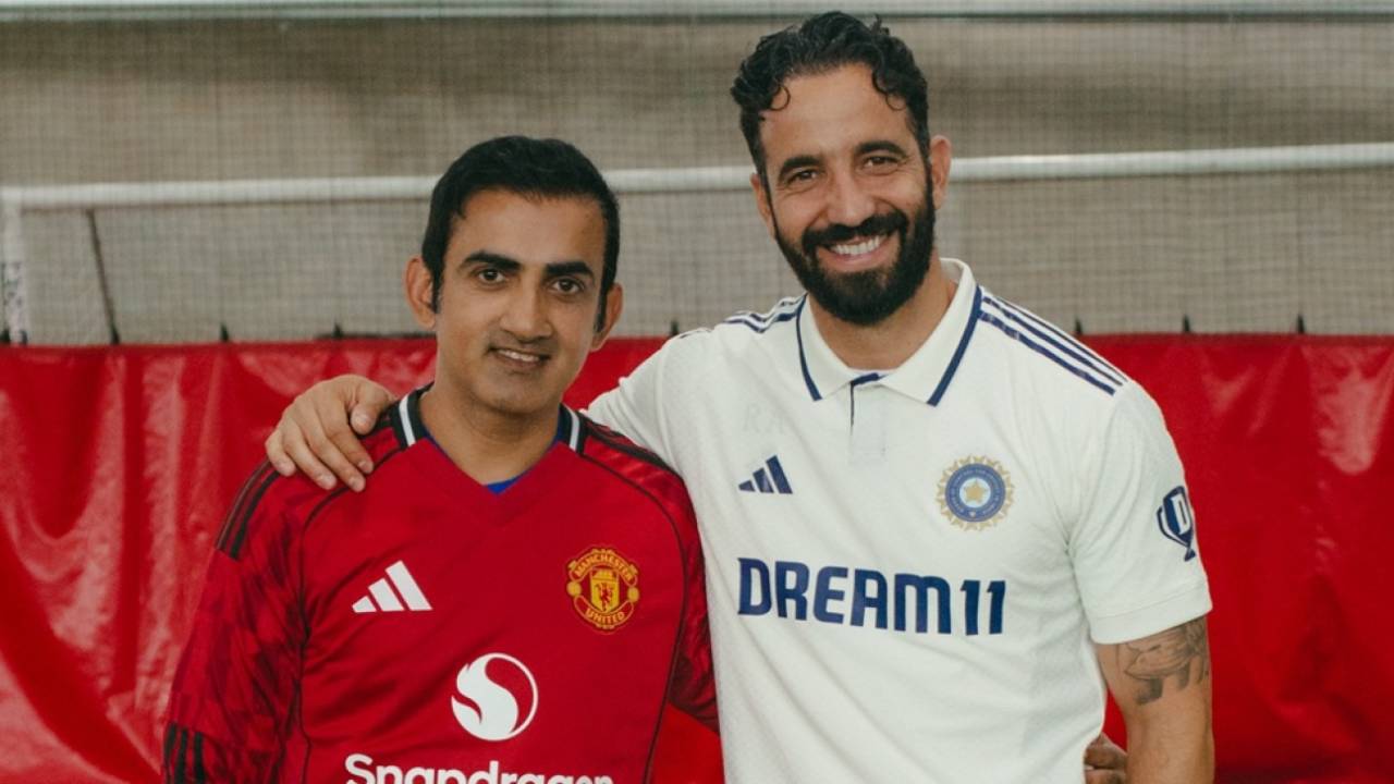 India head coach Gautam Gambhir shares a moment with Manchester United manager Ruben Amorim, July 20, 2025, Manchester