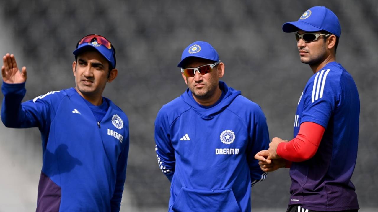 The Indian think tank - head coach Gautam Gambhir, chief selector Ajit Agarkar and captain Shubman Gill, England vs India, 4th Test, Manchester, July 21, 2025