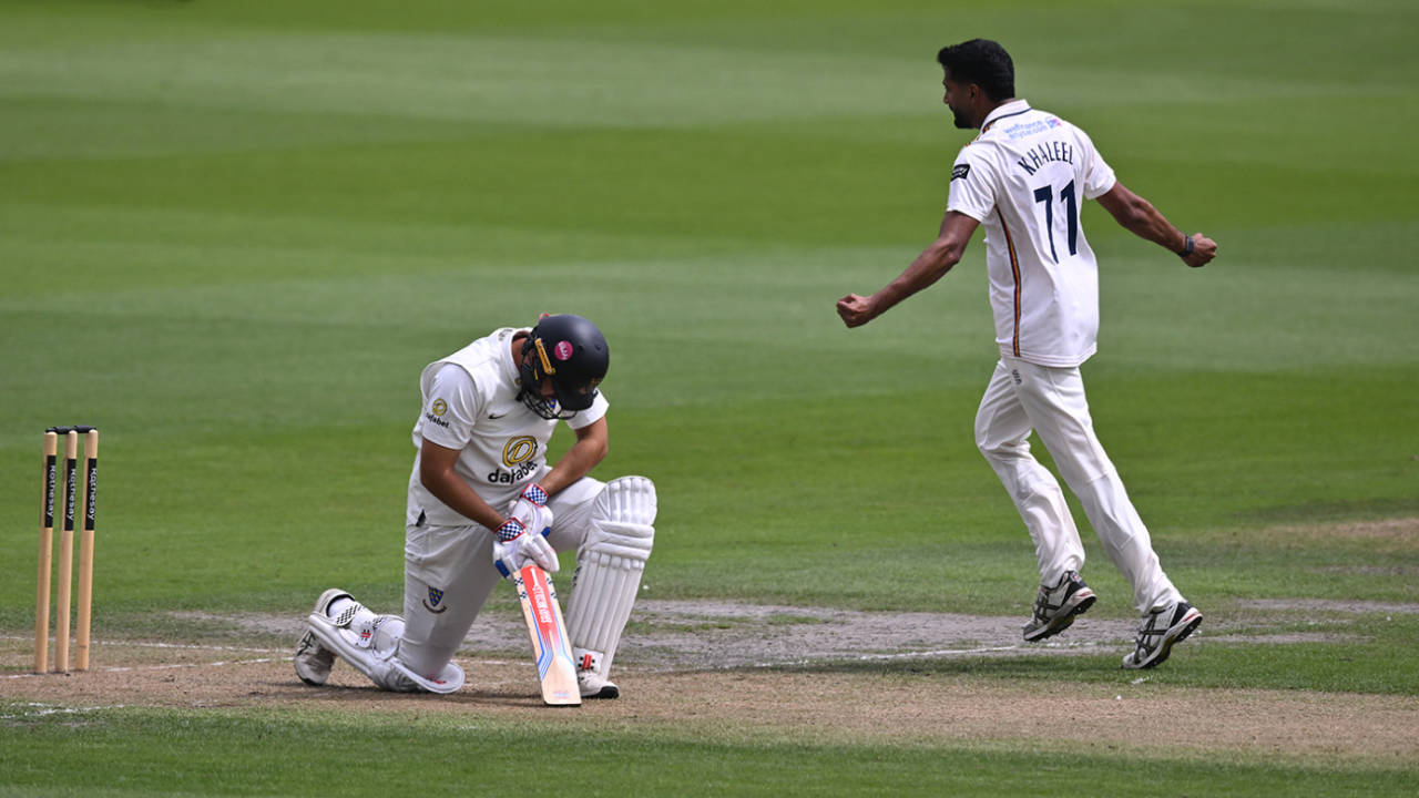 Khaleel Ahmed celebrates taking the wicket of Danial Ibrahim, Sussex vs Essex, County Championship, Division One, Hove, July 22, 2025