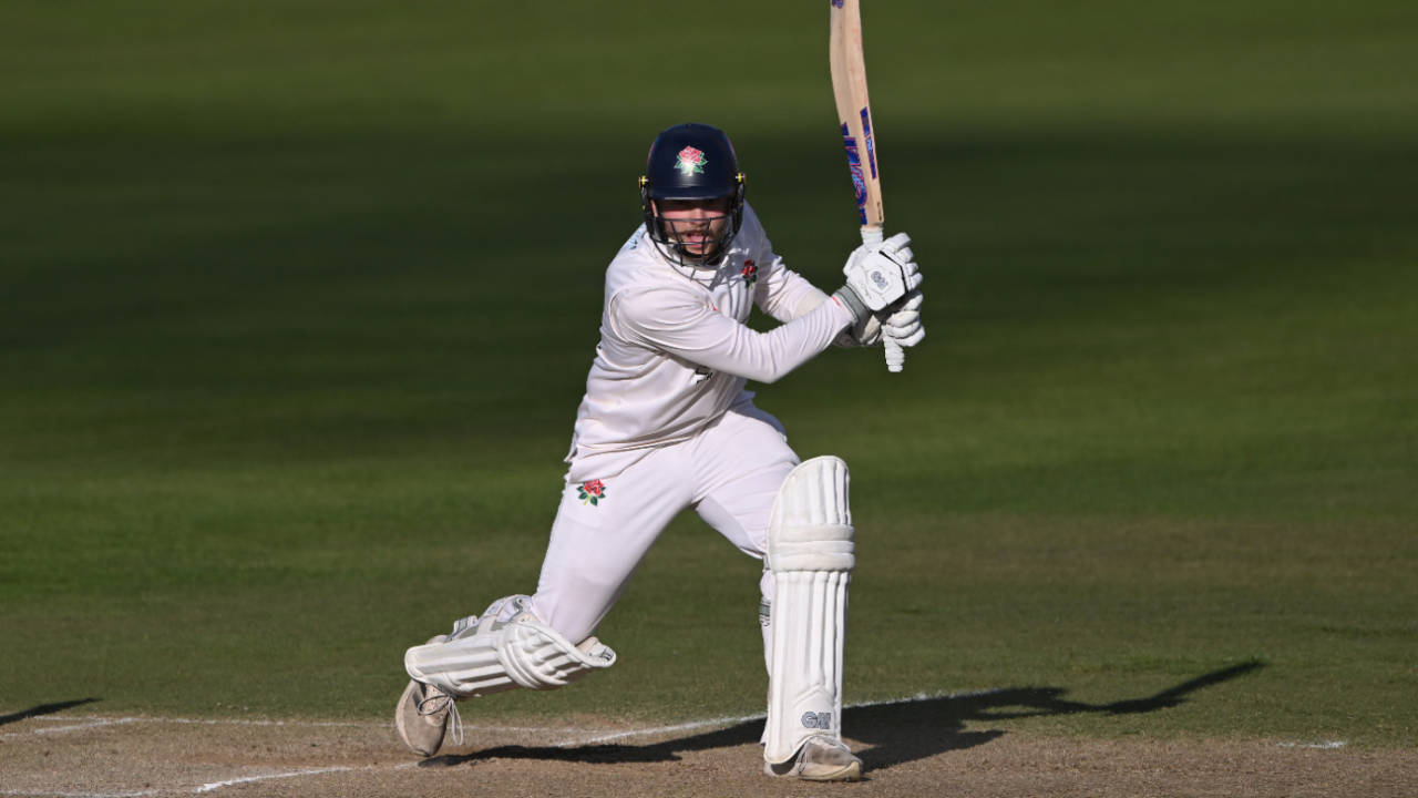 Matty Hurst drives through the covers for Lancashire, September 2024