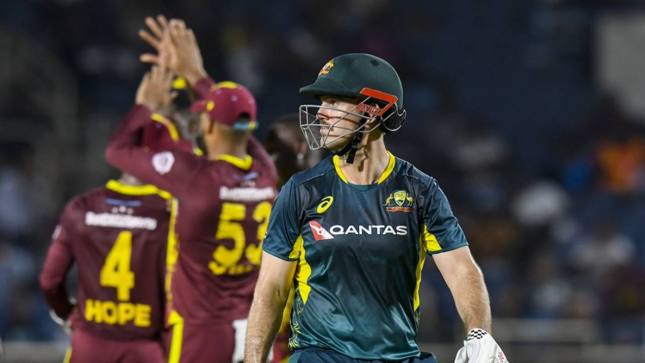 Mitchell Marsh became the second Australia batter to fall inside the powerplay, West Indies vs Australia, 2nd T20I, Kingston, July 22, 2025