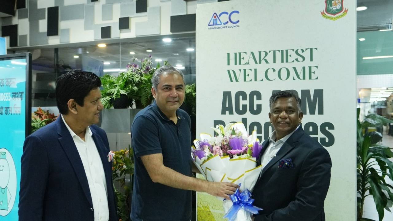 Aminul Islam greets Mohsin Naqvi upon the latter's arrival in Dhaka, Dhaka, July 23, 2025