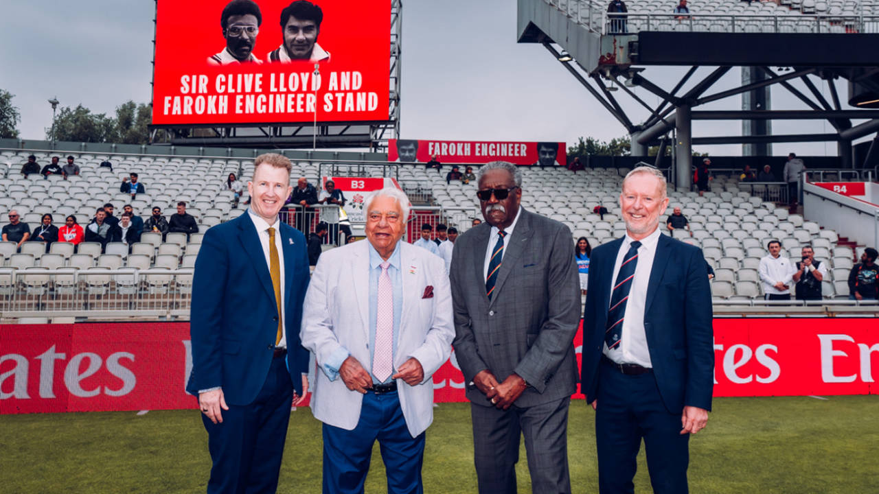 Daniel Gidney, Clive Lloyd, Farokh Engineer and Andy Anson pose in front of the renamed stand, England vs India, 4th Test, Manchester, 1st day, July 23, 2025