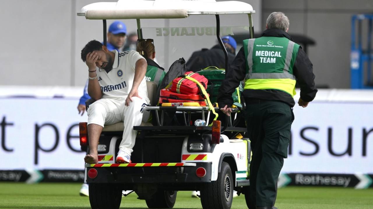Rishabh Pant leaves the field on a medical cart after hurting his foot, England vs India, 4th Test, 1st day, Manchester, July 23, 2025