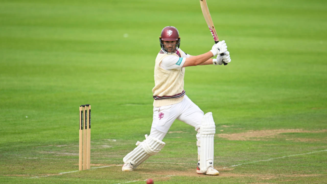 Lewis Gregory bats on a first-day pitch at Taunton that was already showing clear signs of wear and tear, Somerset vs Durham, County Championship, Taunton, July 22, 2025