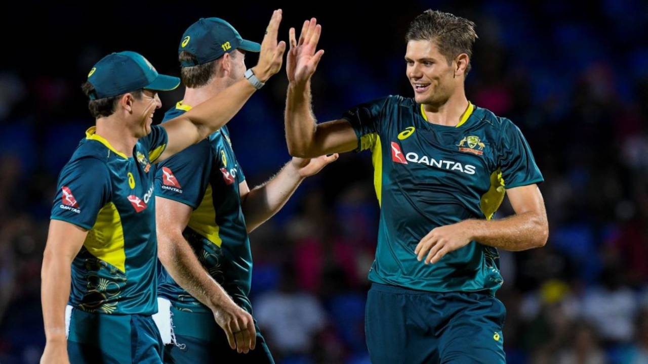 Aaron Hardie celebrates a wicket on return, West Indies vs Australia, 4th T20I, St Kitts, July 26, 2025