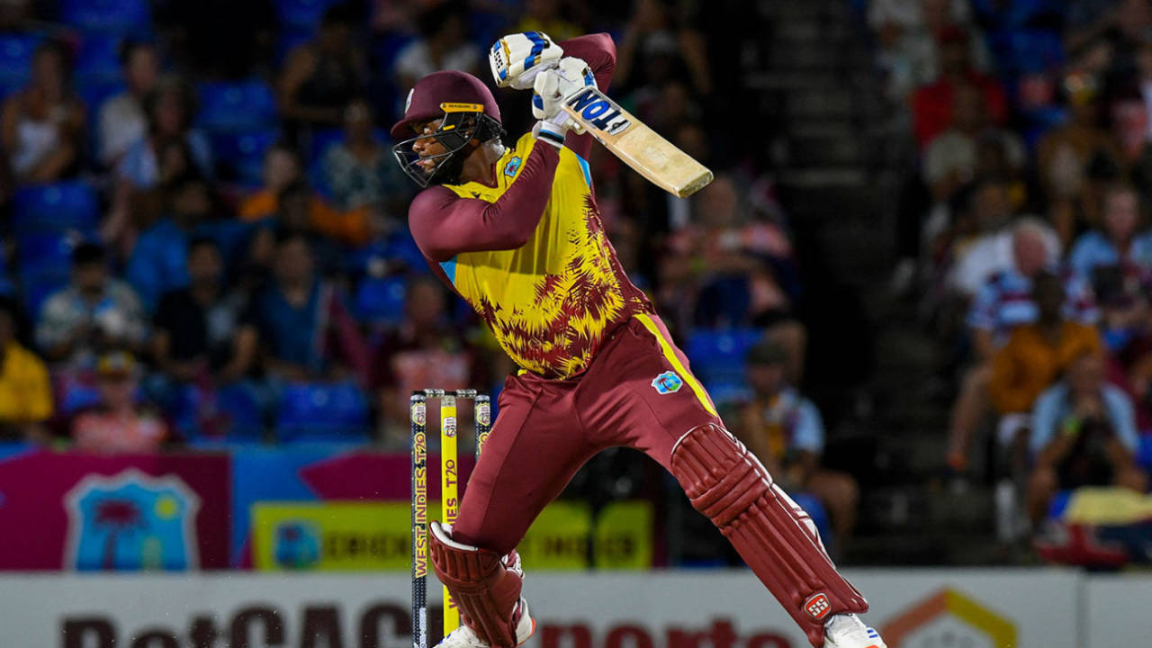 Romario Shepherd slices the ball away, West Indies vs Australia, 4th T20I, St Kitts, July 26, 2025