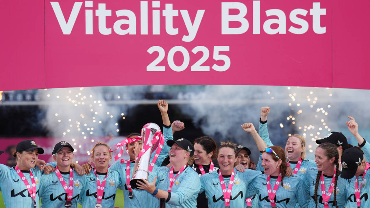 Bryony Smith holds the Blast trophy aloft, Surrey vs Birmingham, Women's T20 Blast final, The Oval, July 27, 2023