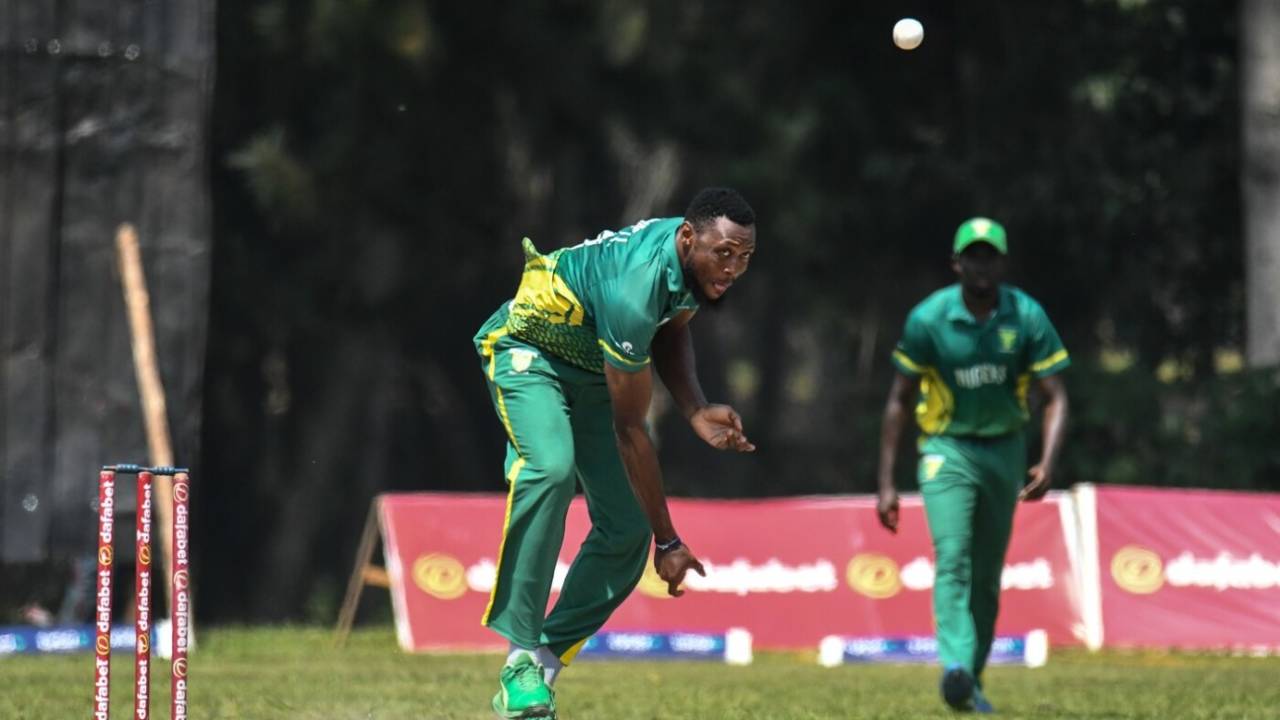 Isaac Okpe bowls for Nigeria, 17th match, Kenya vs Nigeria, Entebbe, Uganda, July 27, 2025