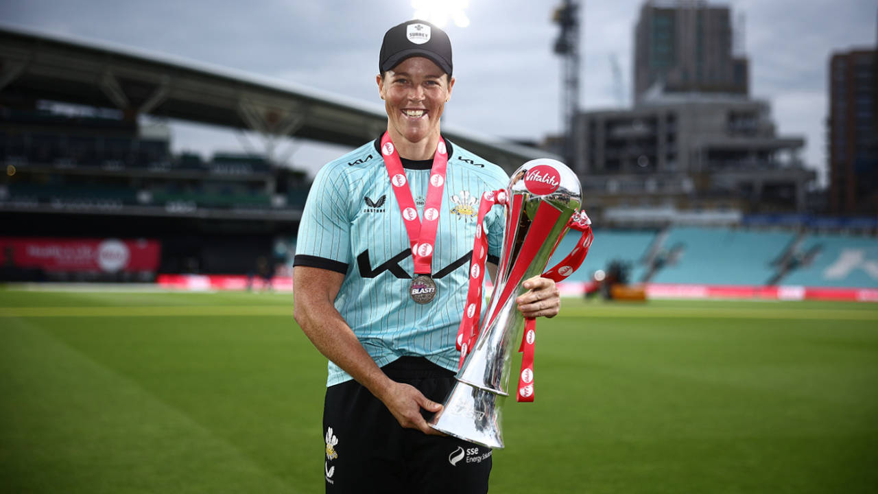 Grace Harris poses with the Women's T20 Blast trophy, Surrey vs Birmingham, Women's T20 Blast final, The Oval, July 27, 2023