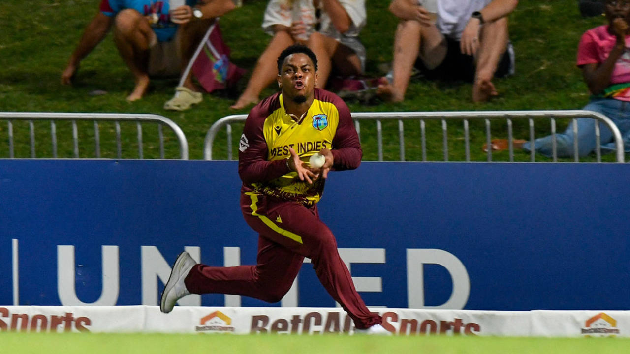Shimron Hetymer took the catch to remove Tim David, West Indies vs Australia, 5th T20I, St Kitts, July 28, 2025