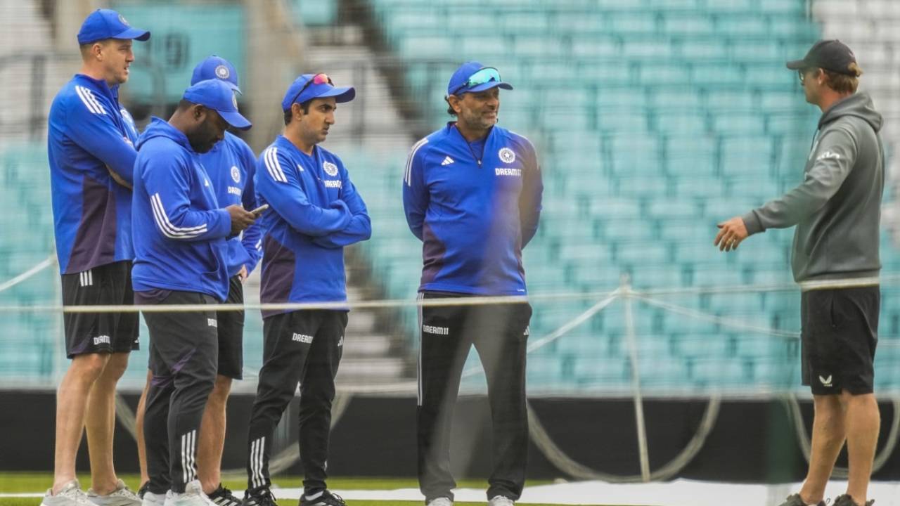 Gautam Gambhir and the Indian support staff interact with a groundsman during a training session, The Oval, July 29, 2025