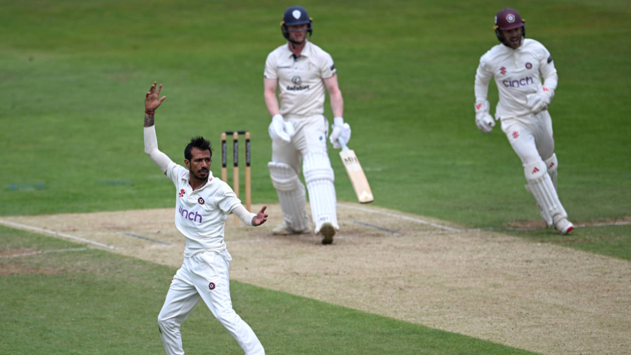 Yuzvendra Chahal appeals for another wicket, Northamptonshire v Derbyshire, County Championship, Northampton, July 29, 2025