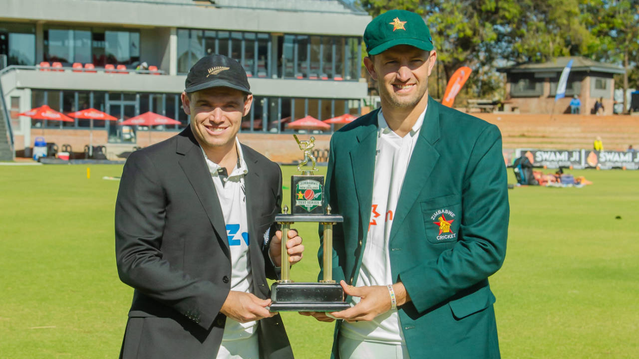 Tom Latham and Craig Ervine pose with the series trophy, Zimbabwe vs New Zealand, 1st Test, 1st Day, Bulawayo, July 30, 2025