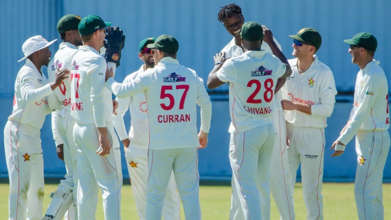Blessing Muzarabani celebrates Michael Bracewell's dismissal, Zimbabwe vs New Zealand, 1st Test, 2nd day, Bulawayo, July 31, 2025