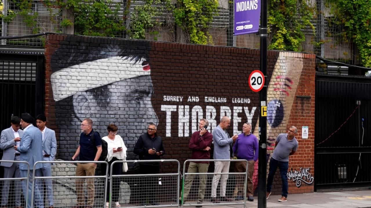 Fans queue up in front of the Graham Thorpe mural outside The Oval, England vs India, 5th Test, 2nd day, The Oval, August 1, 2025