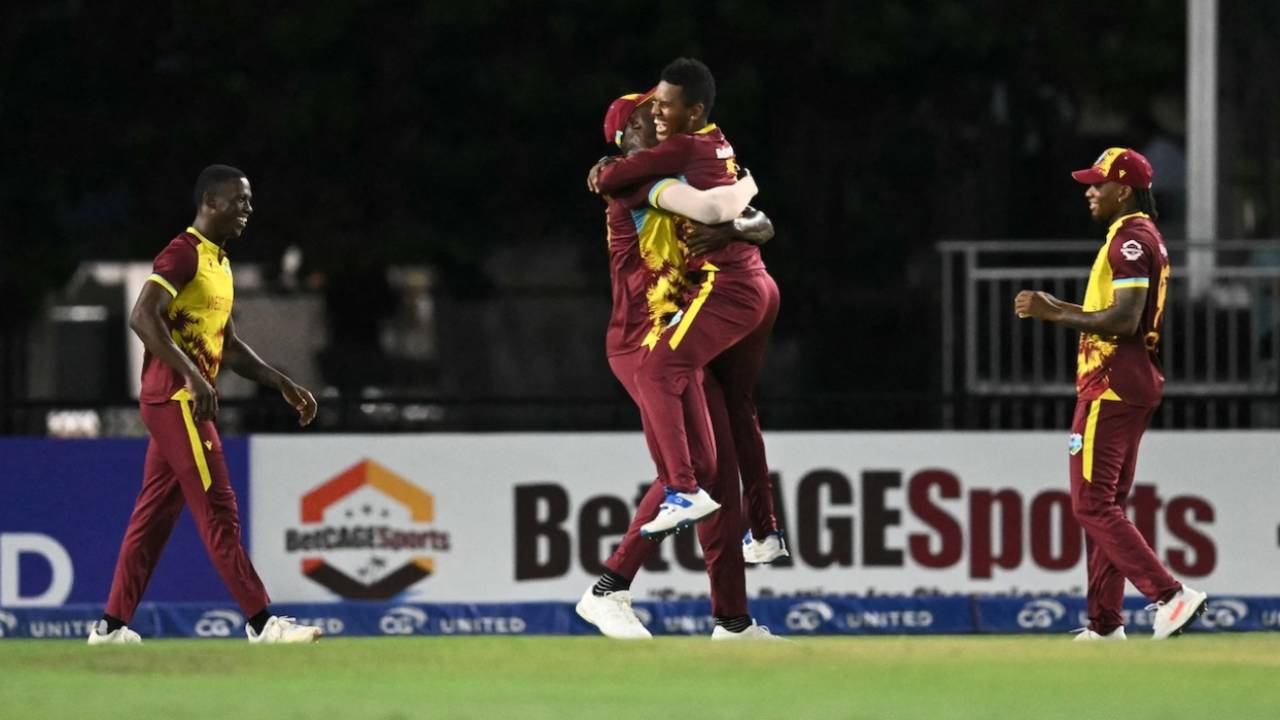 Jason Holder gets a big hug from Akeal Hosein after completing a catch, West Indies vs Pakistan, 2nd T20I, Lauderhill, August 2, 2025