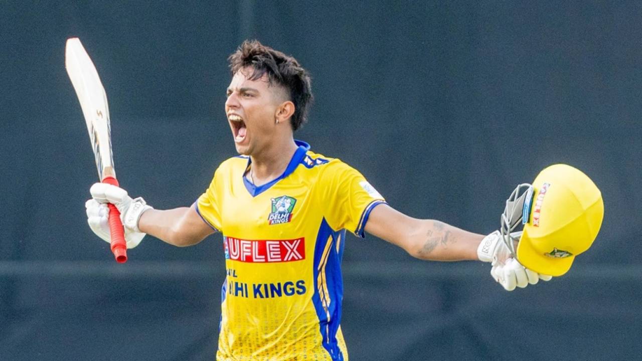 Yash Dhull celebrates after scoring the maiden century of the Delhi Premier League 2025, Central Delhi Kings vs North Delhi Strikers, DPL 2025, New Delhi, August 3, 2025