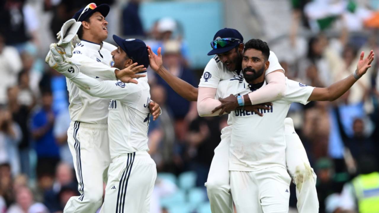 Mohammed Siraj soaks it in after claiming the final wicket, England vs India, 5th Test, 5th day, The Oval, August 4, 2025