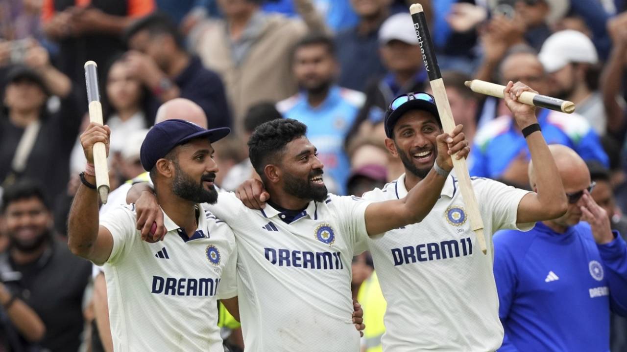 India fast bowlers Akash Deep, Mohammed Siraj and Prasidh Krishna celebrate the win, England vs India, 5th Test, 5th day, The Oval, August 4, 2025