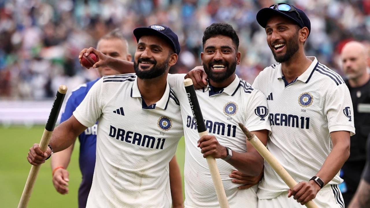 Akash Deep, Mohammed Siraj and Prasidh Krishna celebrate the win, England vs India, 5th Test, 5th day, The Oval, August 4, 2025