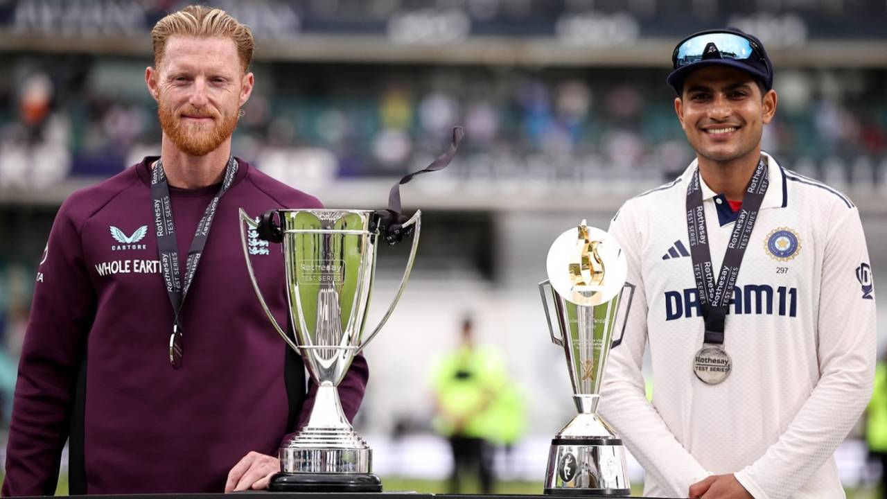 Ben Stokes and Shubman Gill pose with the Rothesay and Anderson-Tendulkar trophies, England vs India, 5th Test, 5th day, The Oval, August 4, 2025