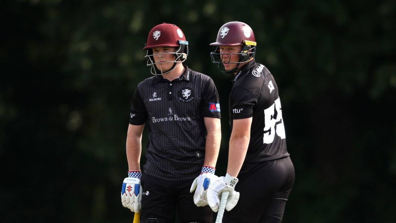 Brothers James Rew and Thomas Rew of Somerset in conversation between overs, Metro Bank One Day Cup, Middlesex vs Somerse, Radlett, August 06, 2025