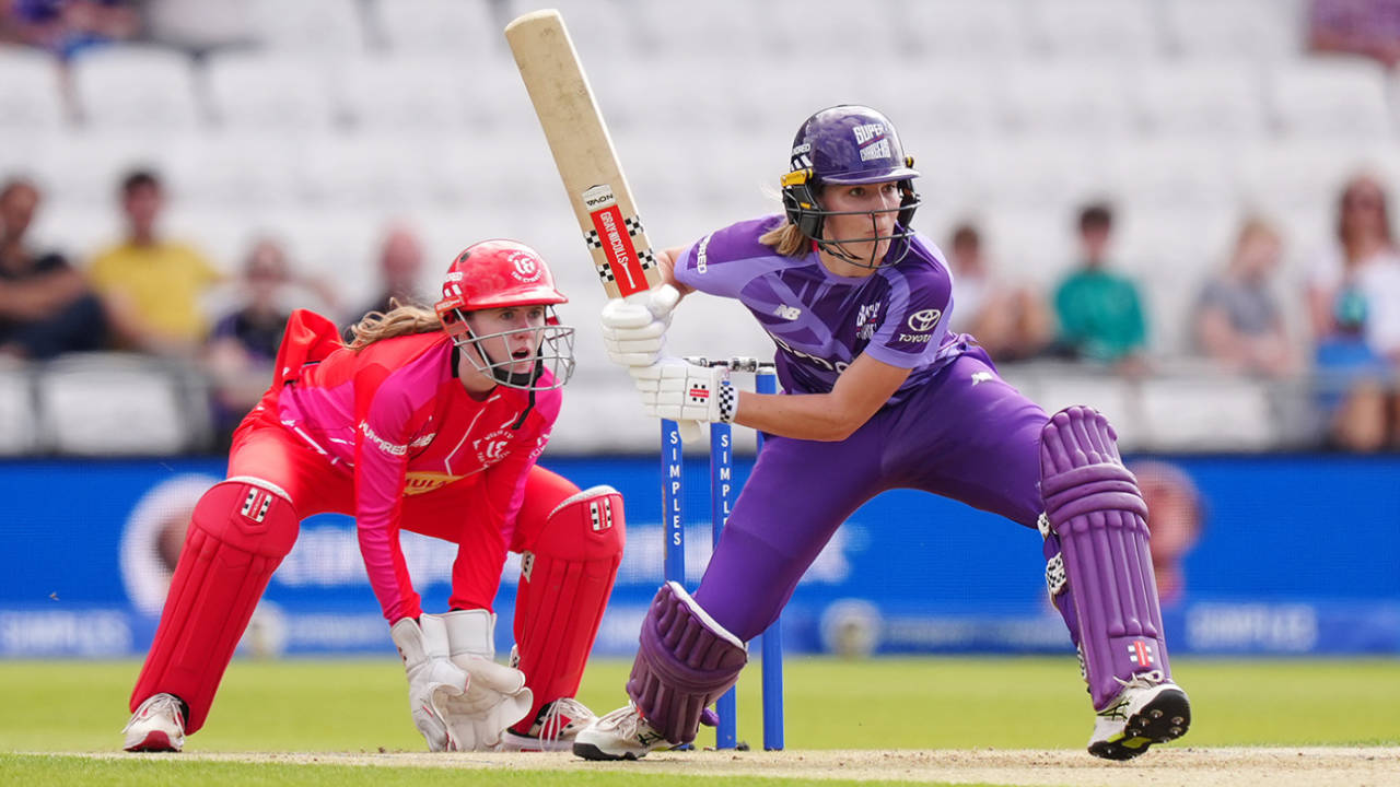 Annabel Sutherland looks to get forward, Northern Superchargers vs Welsh Fire, Women's Hundred, Headingley, August 7, 2025