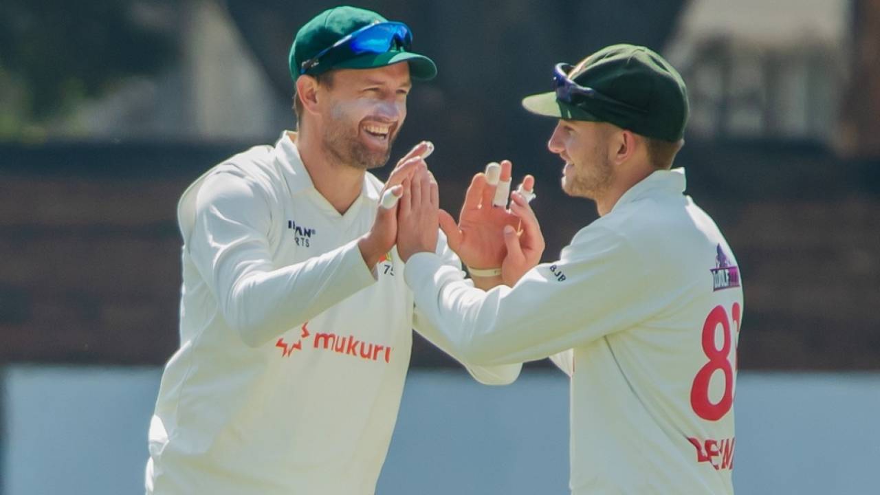 Craig Ervine and Brian Bennett are all smiles after the dismissal of nightwatcher Jacob Duffy, Zimbabwe vs New Zealand, 2nd Test, Bulawayo, 2nd day, August 8, 2025