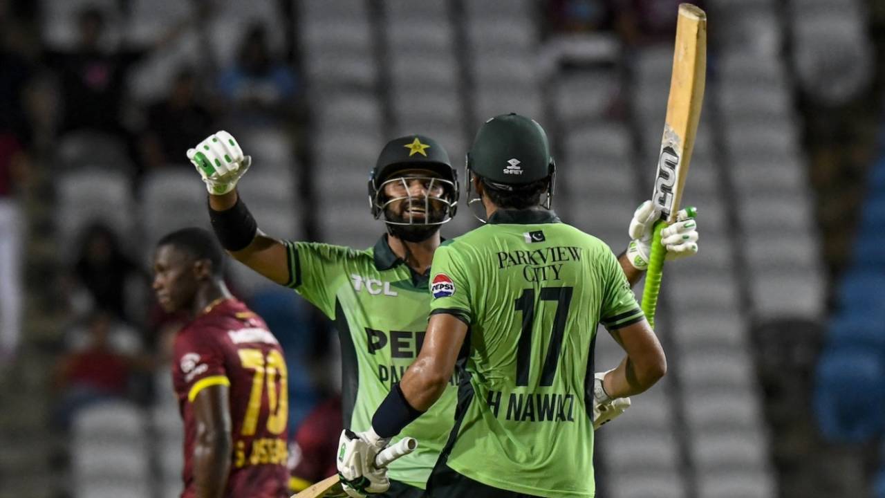 Hussain Talat and Hasan Nawaz celebrate after finishing the job, West Indies vs Pakistan, 1st ODI, Tarouba, August 8, 2025