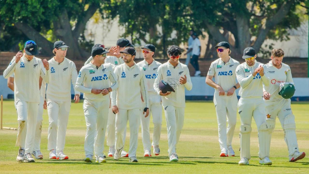 The New Zealand players walk off after registering a thumping 2-0 win, Zimbabwe vs New Zealand, 2nd Test, Bulawayo, 3rd day, August 9, 2025