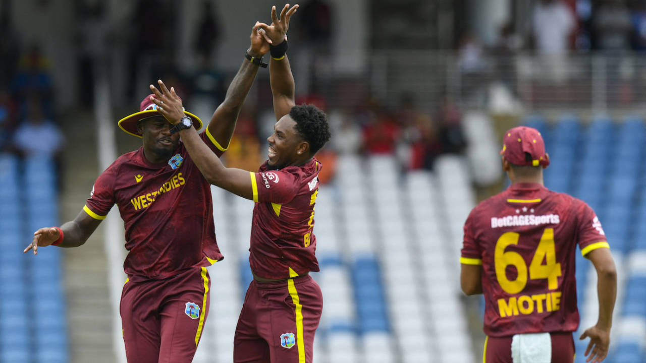 Jediah Blades celebrates his maiden ODI wicket with Jayden Seales, West Indies vs Pakistan, 2nd ODI, Tarouba, August 10, 2025
