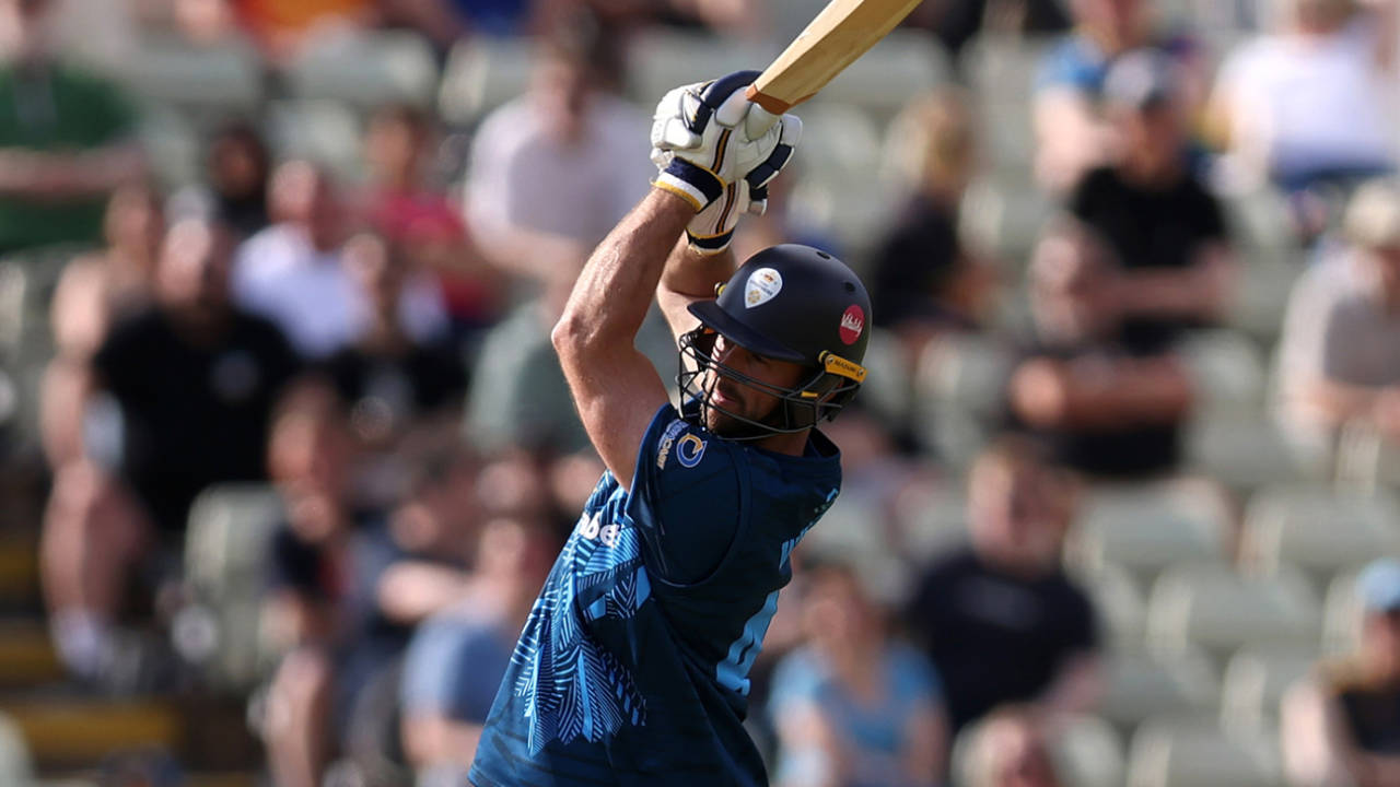 Ross Whiteley smokes one down the ground, Leicestershire vs Derbyshire, Men's Vitality Blast, Edgbaston, June 14, 2025 