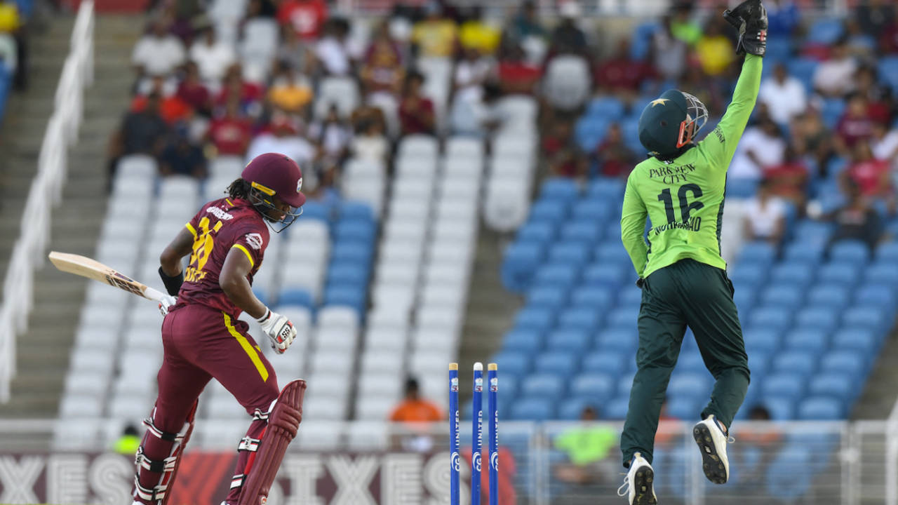 Mohammad Rizwan celebrates after Keacy Carty got knocked over, West Indies vs Pakistan, 2nd ODI, Tarouba, August 10, 2025