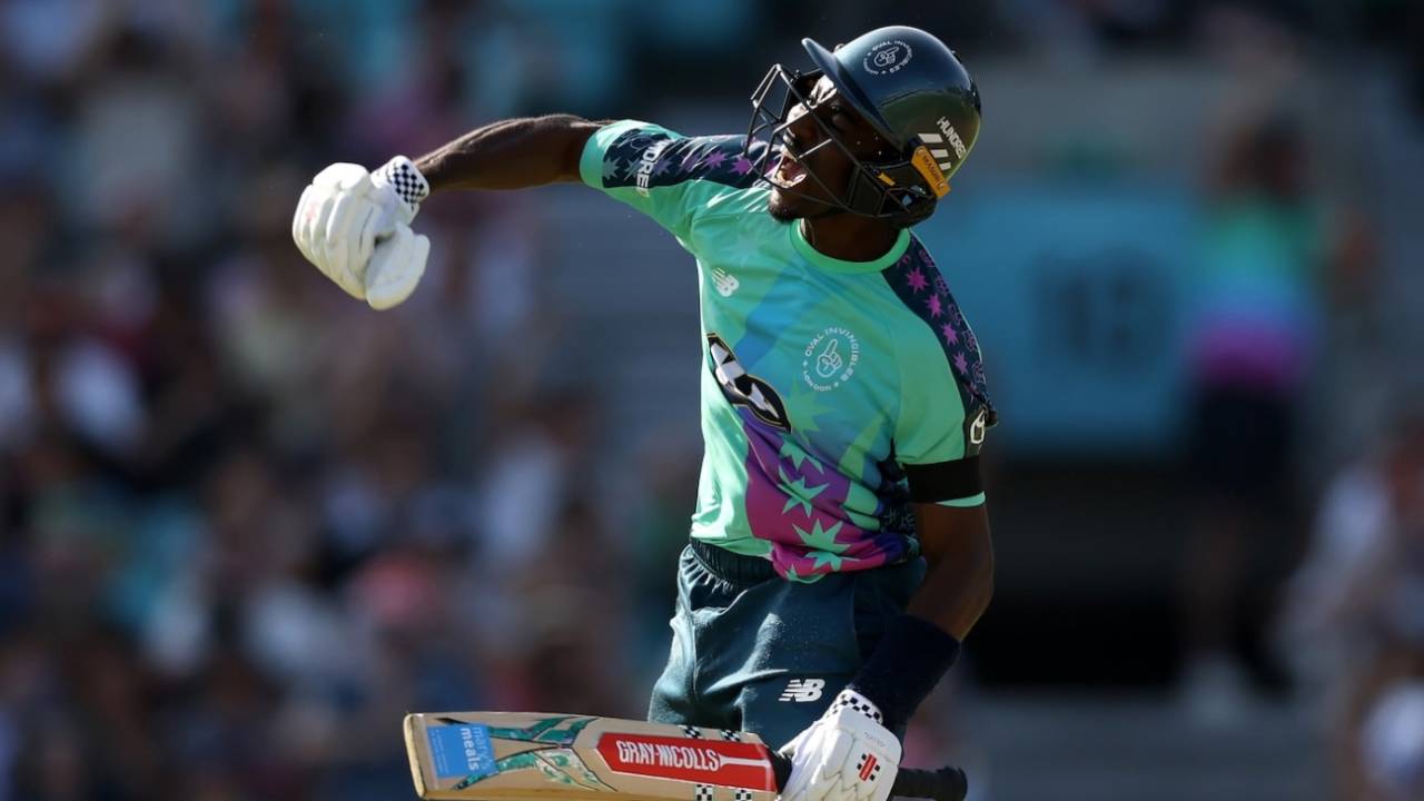 Tawanda Muyeye celebrates a convincing win, Oval Invincibles vs Manchester Originals, The Kia Oval, The Men's Hundred, August 9, 2025