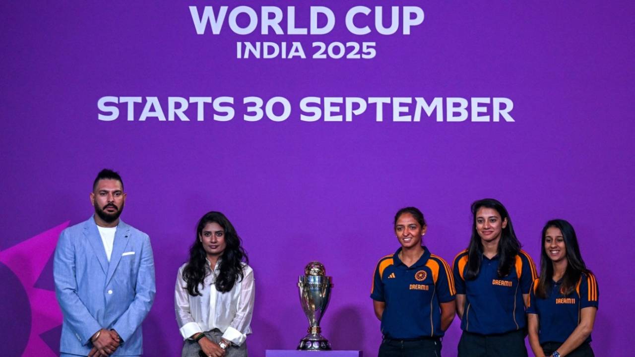 Yuvraj Singh, Mithali, Harmanpreet Kaur, Smriti Mandhana and Jemimah Rodrigues pose with the ODI World Cup trophy, Mumbai, August 11, 2025