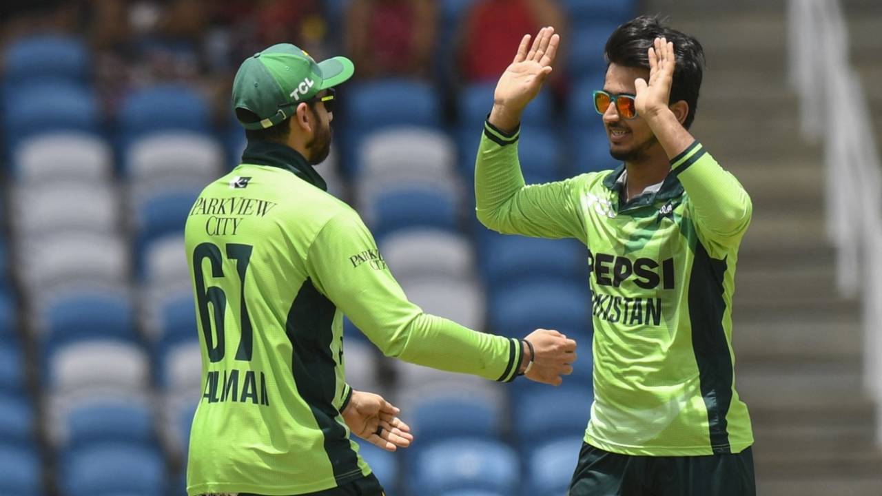 Saim Ayub celebrates a wicket with Salman Agha, West Indies vs Pakistan, 3rd ODI, Tarouba, August 12, 2025