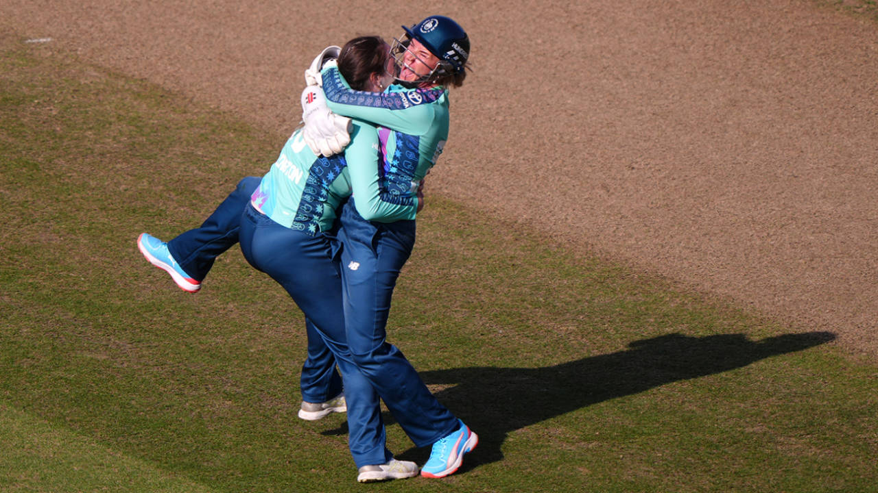 Amanda-Jade Wellington gets a hug from Lauren Winfield-Hill, Birmingham Phoenix vs Oval Invincibles, Women's Hundred, Edgbaston, August 12, 2025