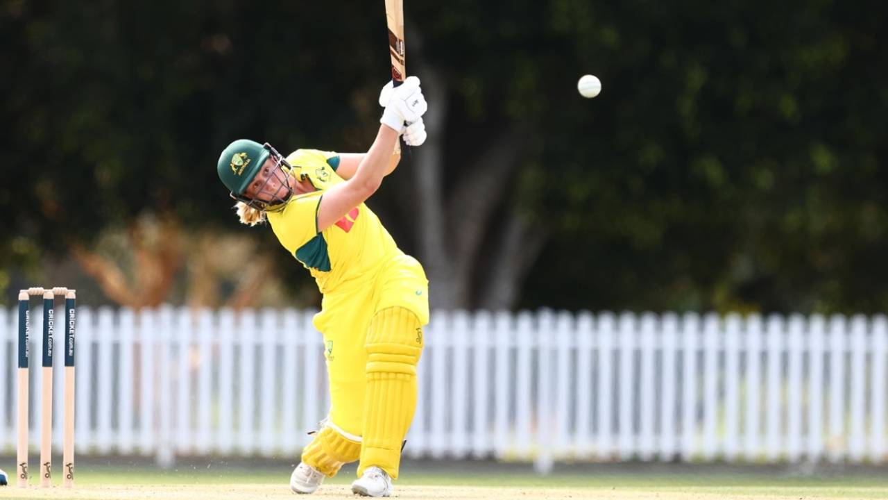 Anika Learoyd hits a big one during her 92 not out, Australia A vs India A, 1st women's one-dayer, Ian Healy Oval, Brisbane, August 13, 2025