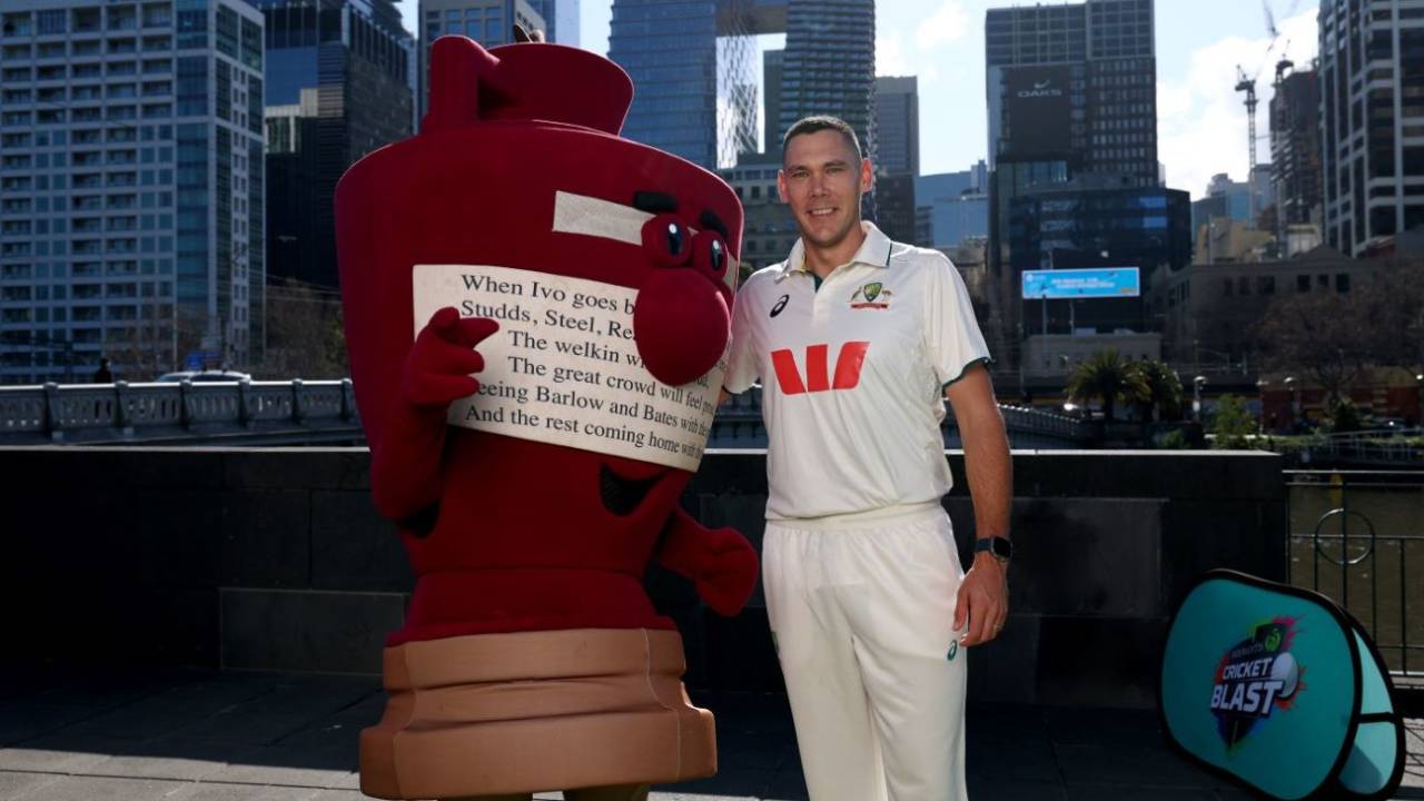 Scott Boland poses with an Ashes mascot in Melbourne