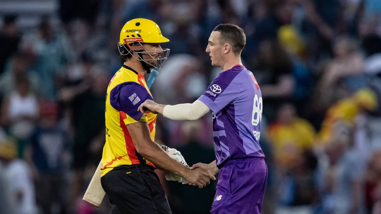 Marcus Stoinis shakes hands with Harry Brook, Trent Rockets vs Northern Superchargers, Trent Bridge, The Hundred Men's Competition, August 10, 2025