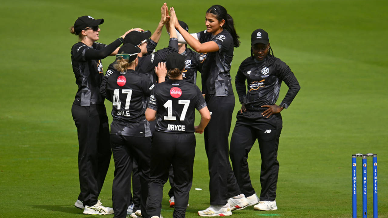 Mahika Gaur celebrates with team-mates after taking the wicket of Tammy Beaumont, Women's Hundred, Welsh Fire vs Manchester Originals, Sophia Gardens, August 13, 2025