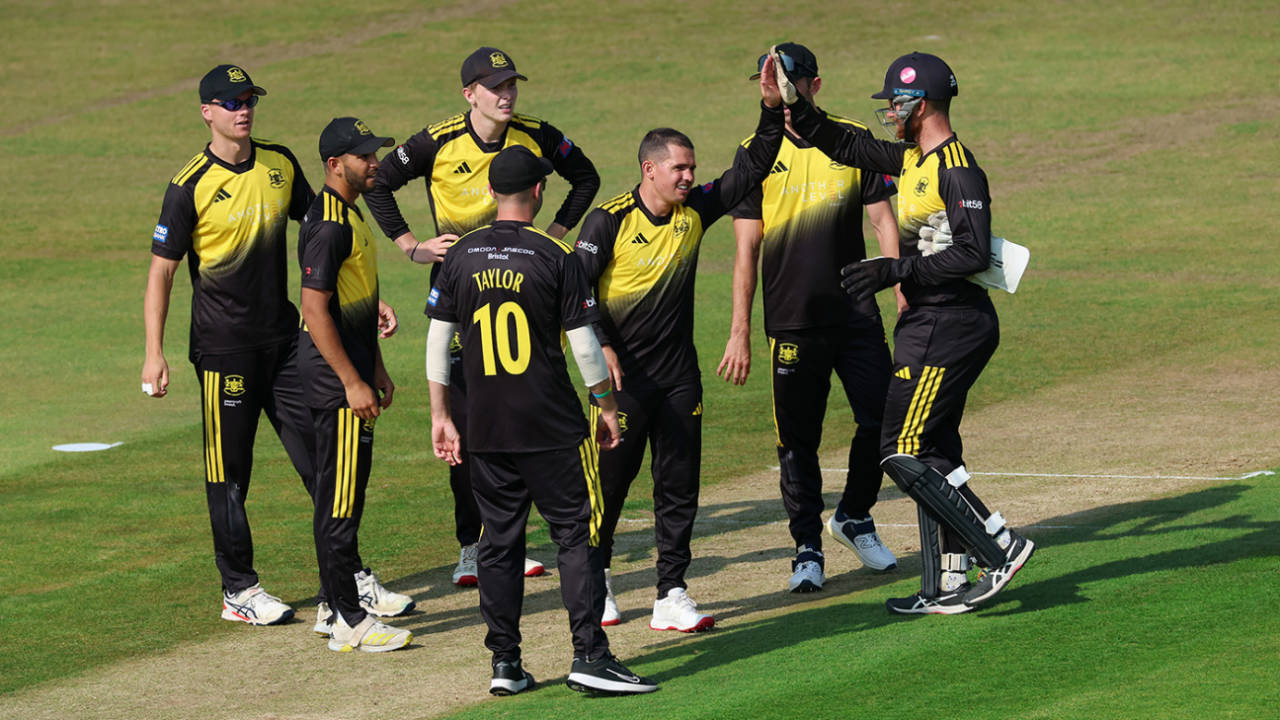 Graeme van Buuren celebrates with team-mates after taking the wicket of Eddie Byrom, Metro Bank One Day Cup, Gloucestershire vs Glamorgan, Bristol, August 15, 2025