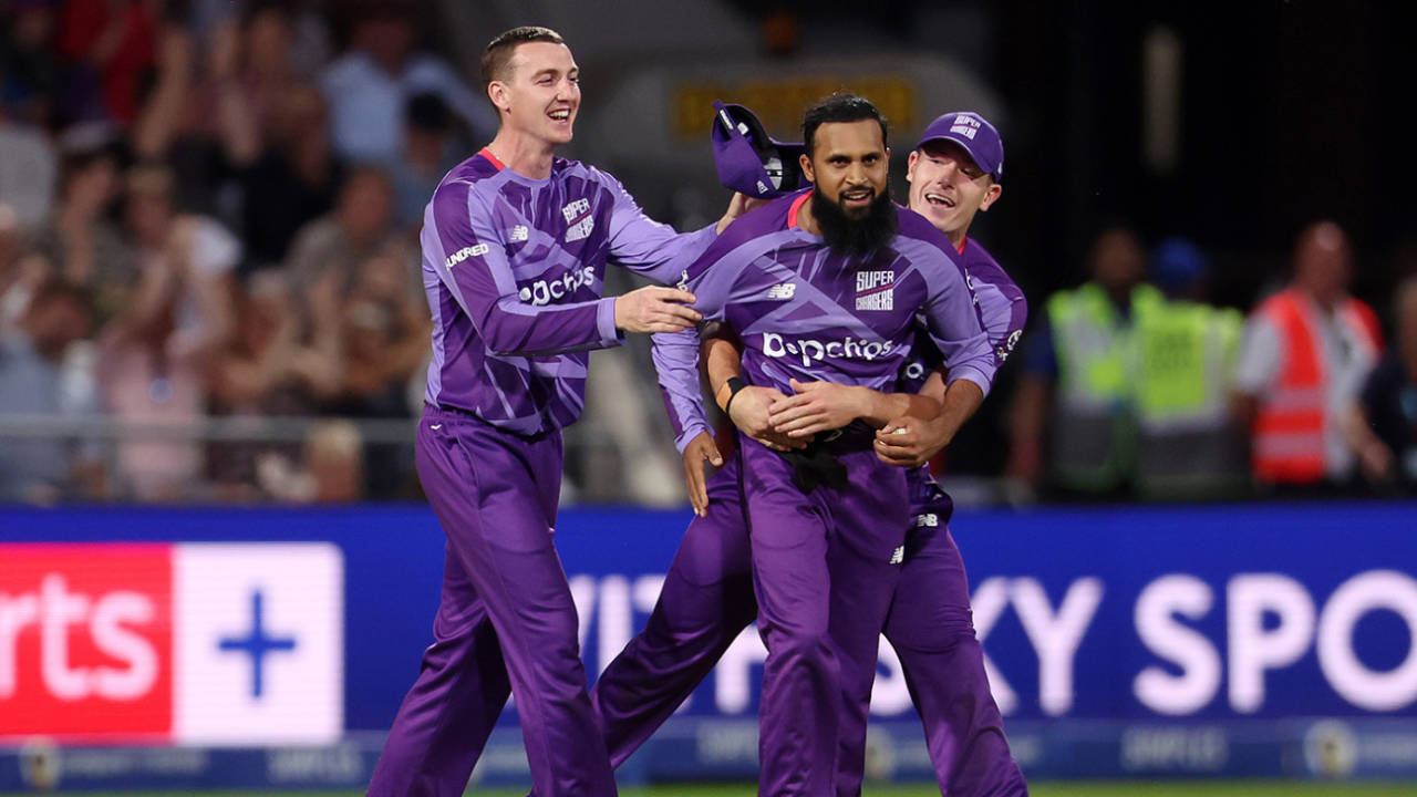 Adil Rashid celebrates a wicket with Harry Brook and Matthew Potts, Men's Hundred, Northern Superchargers vs Birmingham Phoenix, Headingley, August 15, 2025
