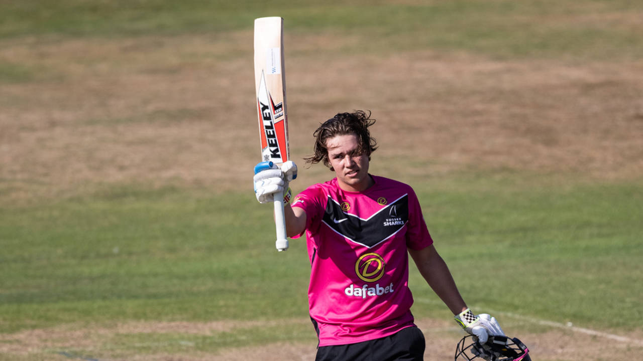 Charlie Tear celebrates reaching his century, Northamptonshire vs Sussex, One-Day Cup, Wantage Road, August 17, 2025